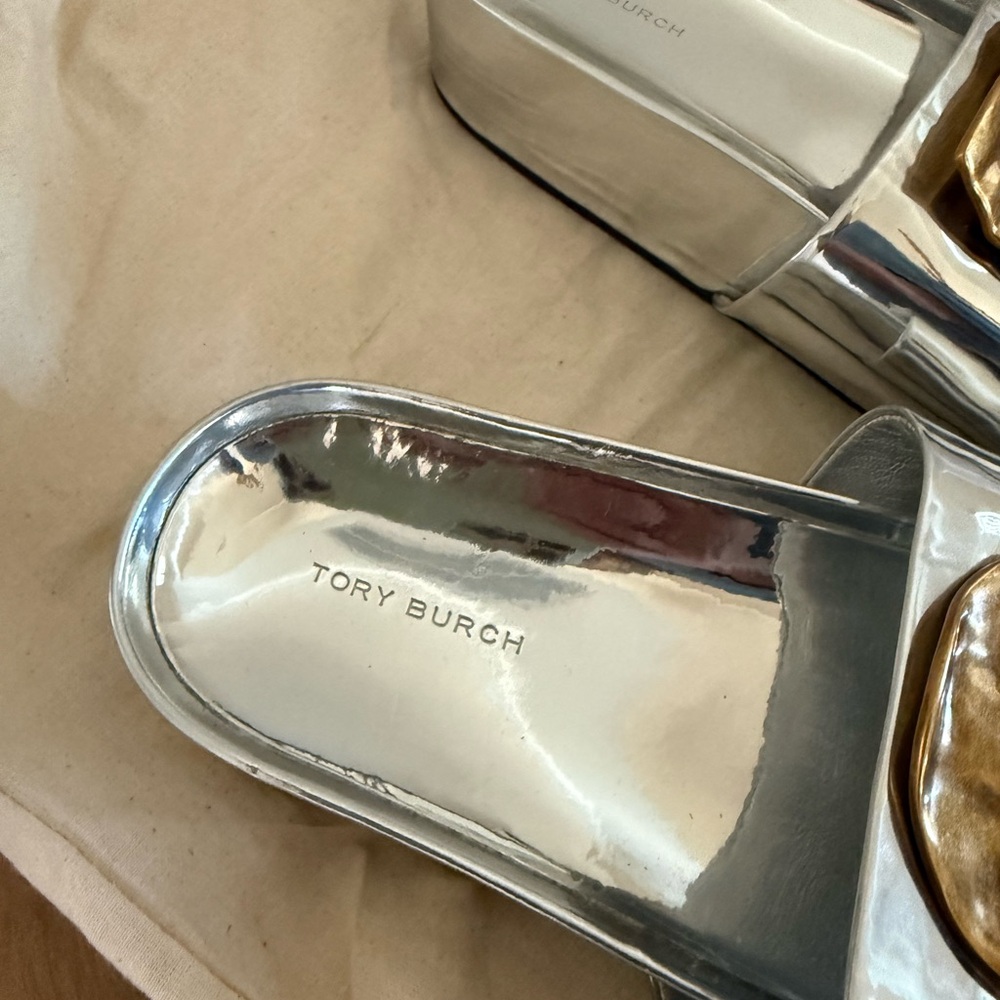 Tory Burch Silver Slides with Gold Detail - Picture 5 of 6